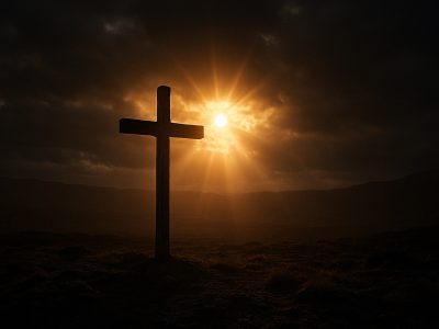 A lone cross illuminated by sunlight in a dark cultural landscape, representing Christian boldness in a hostile world