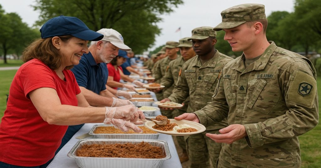 Volunteers provide patriotic service by serving food to U.S. soldiers outdoors in Washington, D.C.