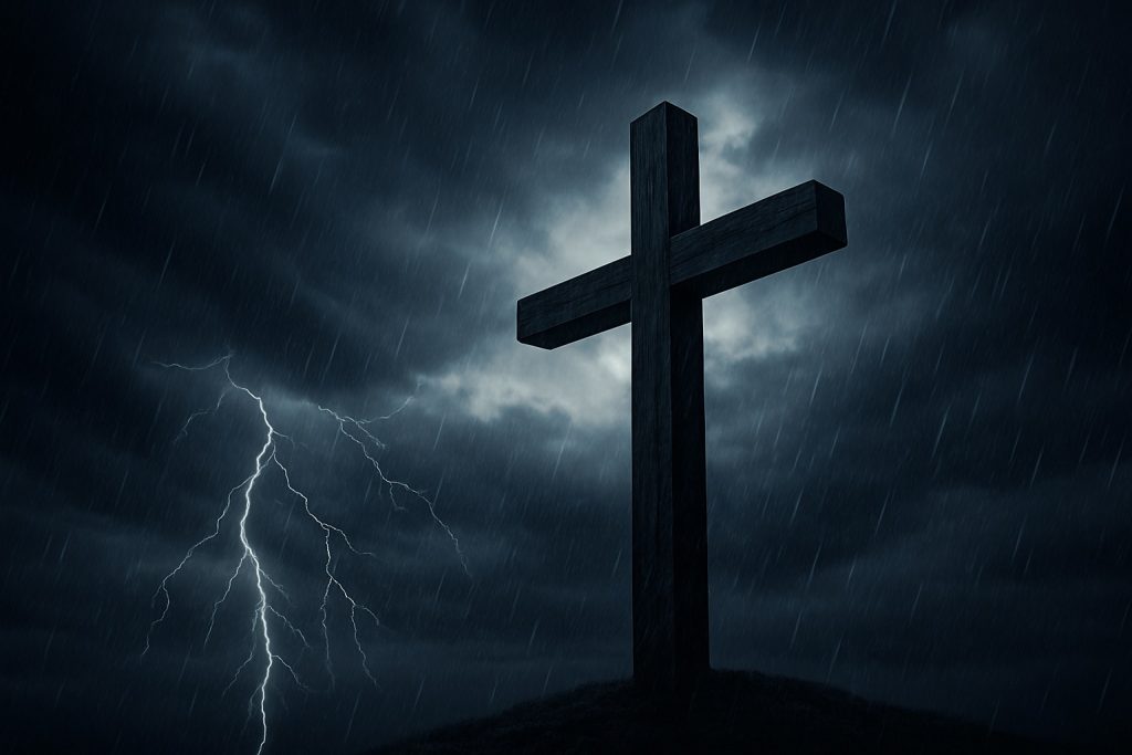 Cross in a stormy sky representing biblical truth standing strong against cultural attacks