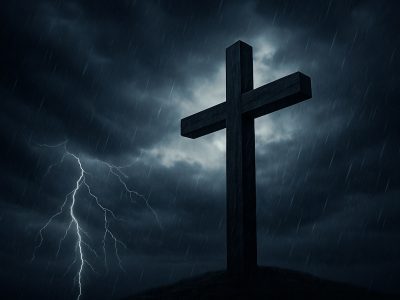 Cross in a stormy sky representing biblical truth standing strong against cultural attacks