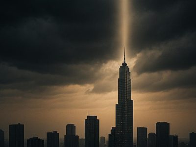 A skyscraper illuminated by a vertical beam of light in a stormy city skyline, representing the contrast at the heart of Billionaire Faith.