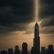 A skyscraper illuminated by a vertical beam of light in a stormy city skyline, representing the contrast at the heart of Billionaire Faith.