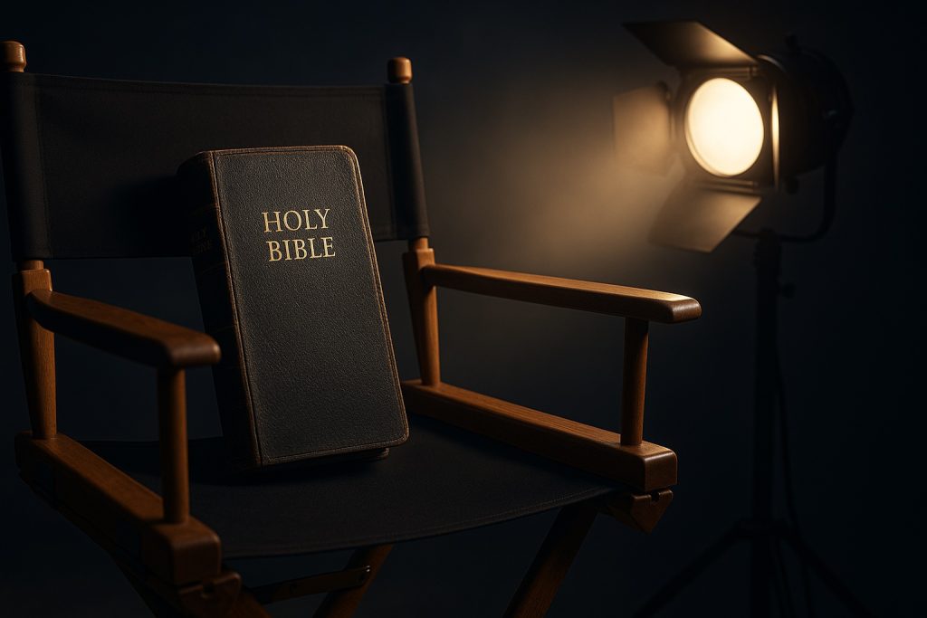 Christian Films - A Holy Bible resting in a director's chair under a spotlight, symbolizing truth in mainstream filmmaking