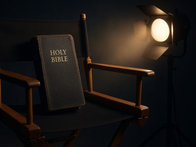 Christian Films - A Holy Bible resting in a director's chair under a spotlight, symbolizing truth in mainstream filmmaking