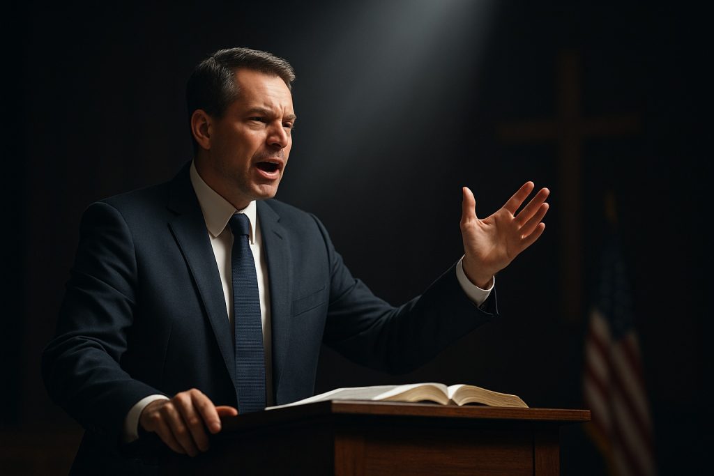 Church Endorsements – a pastor speaking boldly from the pulpit under a light beam