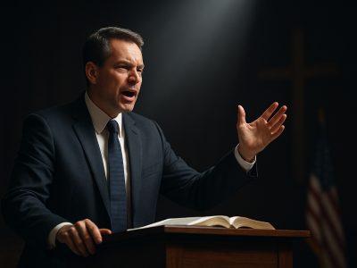 Church Endorsements – a pastor speaking boldly from the pulpit under a light beam