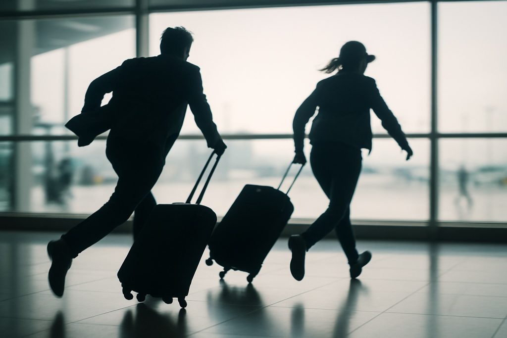 Anonymous people rushing through an airport with suitcases, symbolizing fleeing conviction and discomfort with truth