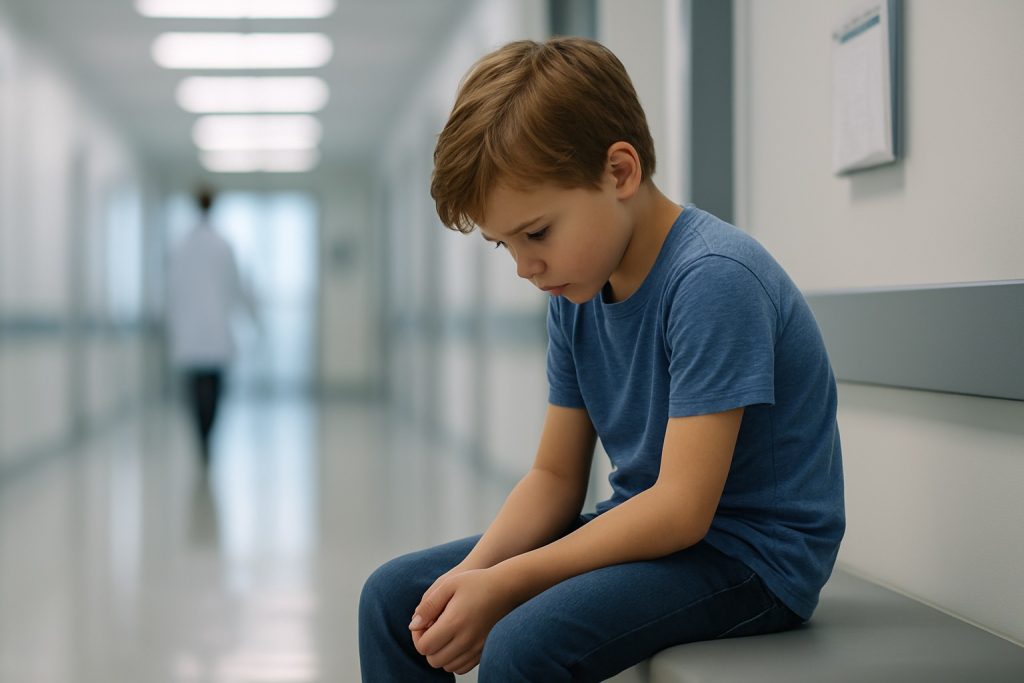 A young boy sits alone in a hospital hallway, symbolizing the risk children still face from gender surgeries despite Kaiser’s policy change
