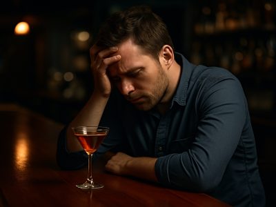 Alcohol Addiction person at bar looking hopeless