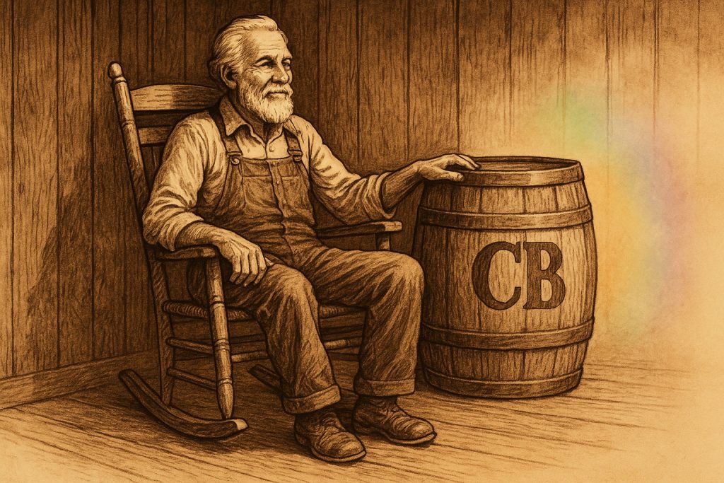 Cracker Barrel Logo heritage man sitting by barrel illustration