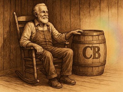 Cracker Barrel Logo heritage man sitting by barrel illustration