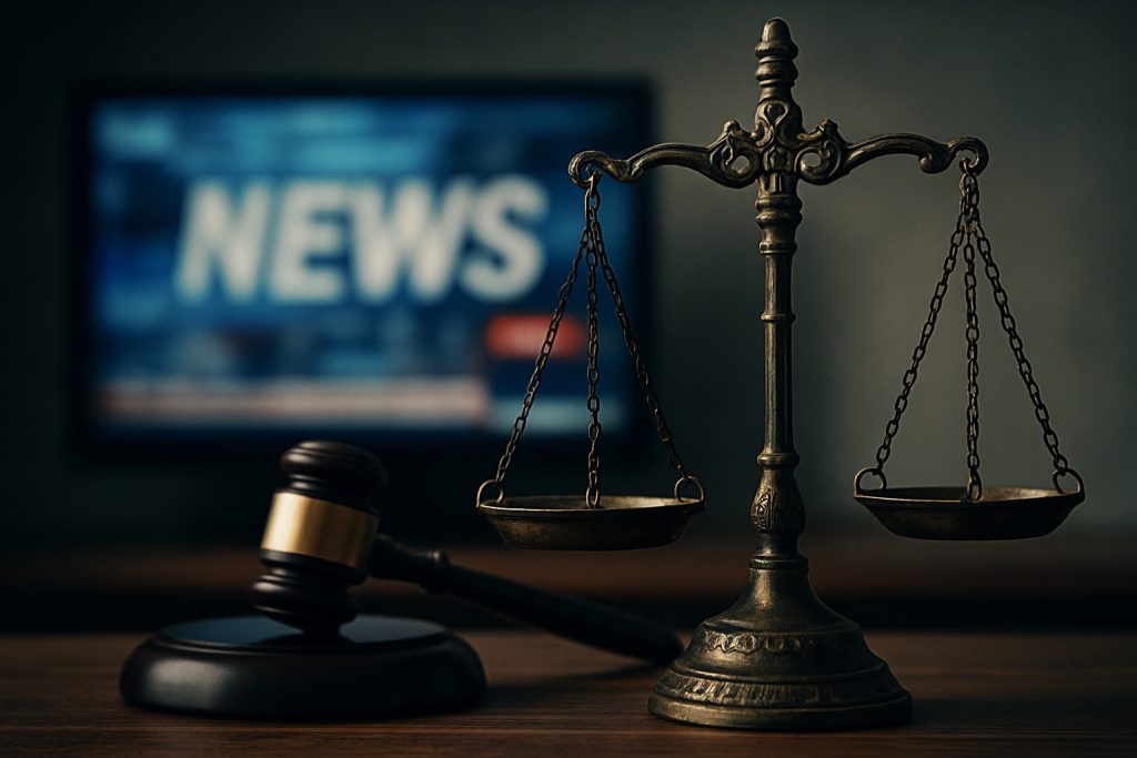 Black Crime media bias illustrated by scales of justice and blurred media backdrop