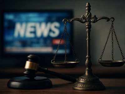 Black Crime media bias illustrated by scales of justice and blurred media backdrop