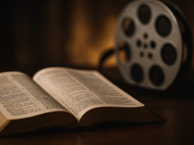 Charlie Kirk Bible with film reel background