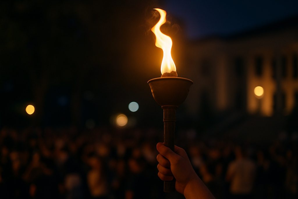 Charlie Kirk memorial torch held high in a crowd
