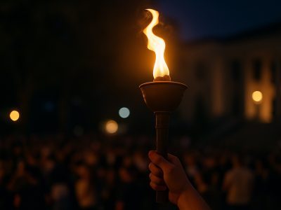 Charlie Kirk memorial torch held high in a crowd