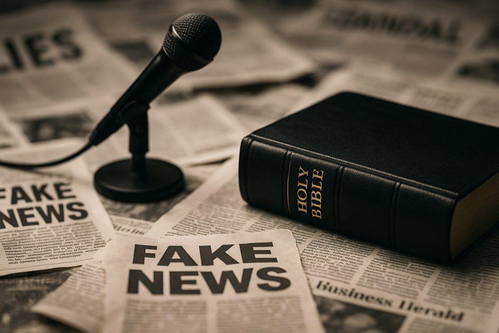 Twisted quotes with a Bible surrounded by distorted news headlines symbolizing media spin