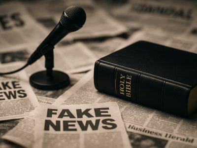 Twisted quotes with a Bible surrounded by distorted news headlines symbolizing media spin