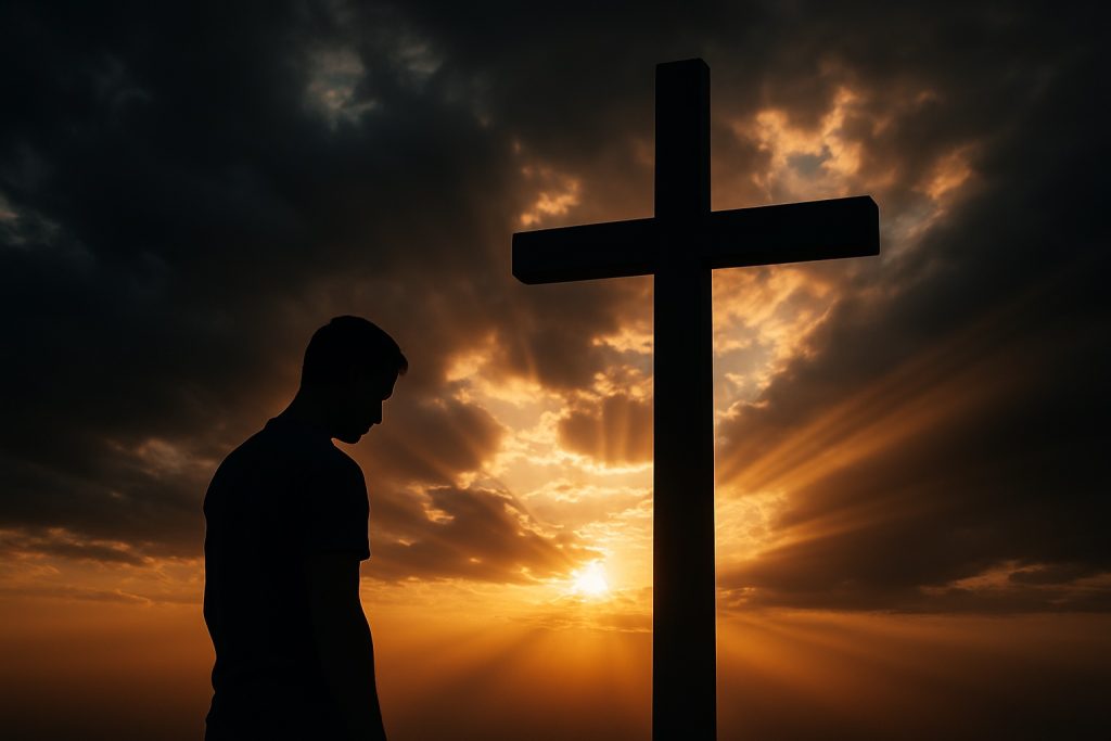 Conversion Therapy and the Gospel — silhouette of a man standing before a cross at sunrise, light breaking through stormy clouds.