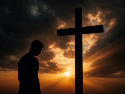 Conversion Therapy and the Gospel — silhouette of a man standing before a cross at sunrise, light breaking through stormy clouds.