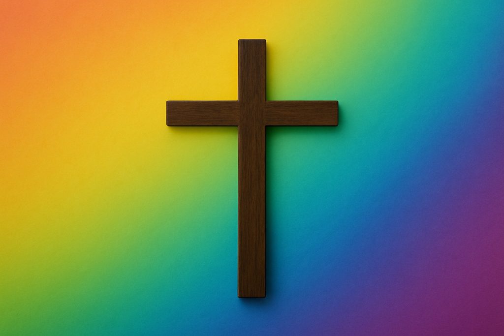 Homosexuality and Christianity – cross over rainbow background symbolizing God's covenant and biblical truth