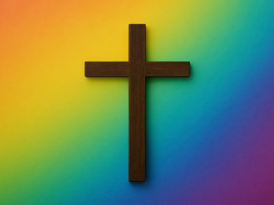 Homosexuality and Christianity – cross over rainbow background symbolizing God's covenant and biblical truth