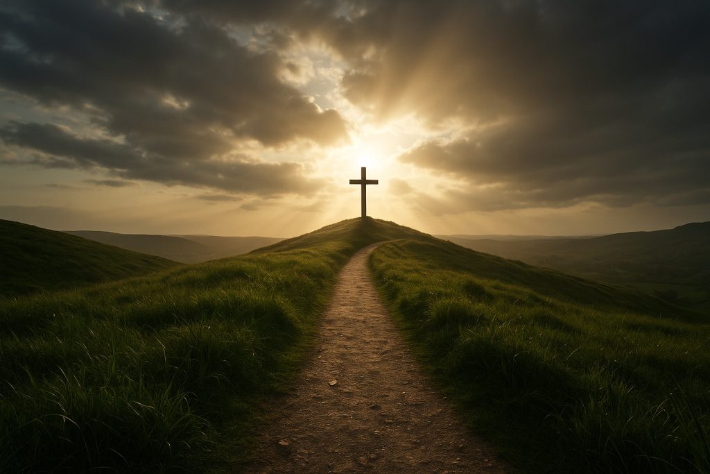 A narrow path leading to a cross on a hill symbolizing that Jesus is the only way to salvation.