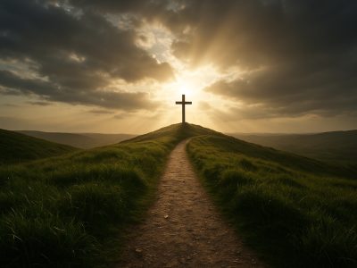 A narrow path leading to a cross on a hill symbolizing that Jesus is the only way to salvation.