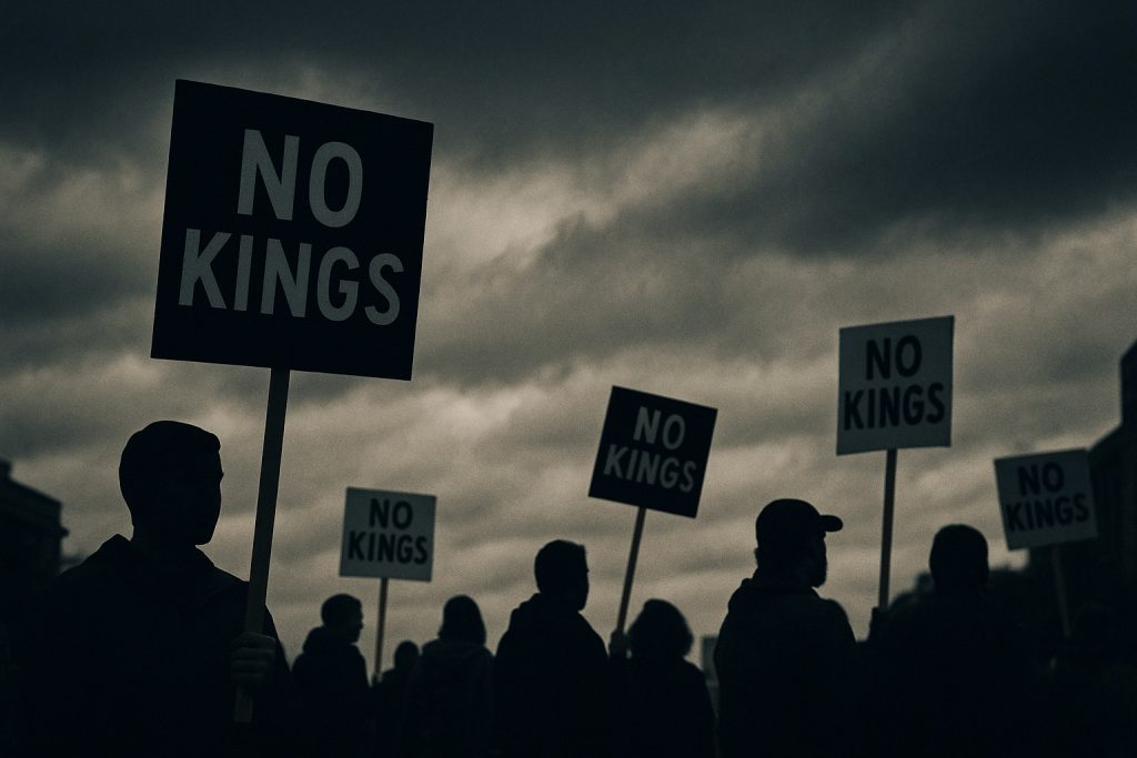 Protest crowd under a stormy sky holding “No Kings” signs during the No Kings Protest