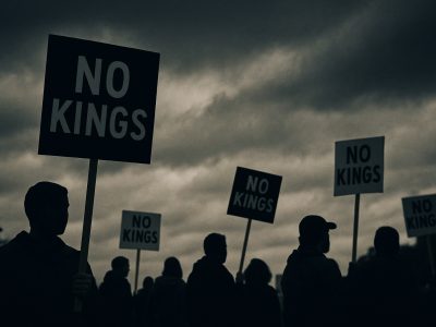 Protest crowd under a stormy sky holding “No Kings” signs during the No Kings Protest
