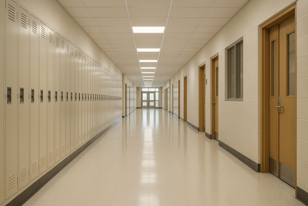 Empty school hallway symbolizing cultural crisis related to a transgender school shooter case