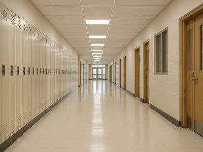 Empty school hallway symbolizing cultural crisis related to a transgender school shooter case