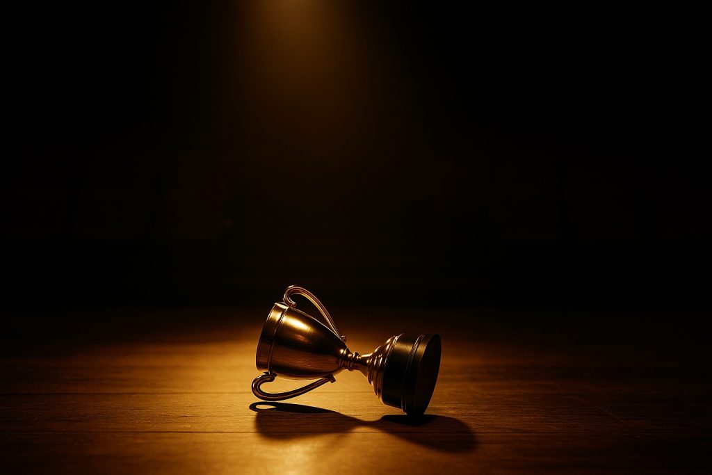 True Humility represented by a fallen trophy under a spotlight