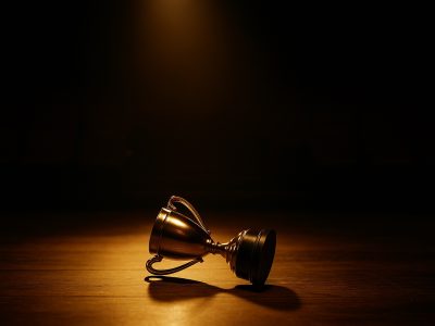 True Humility represented by a fallen trophy under a spotlight