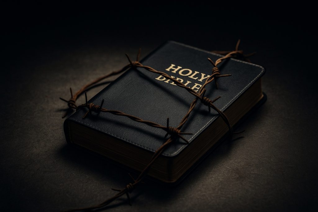 Holy Bible wrapped in barbed wire symbolizing Bible Restrictions in hostile nations