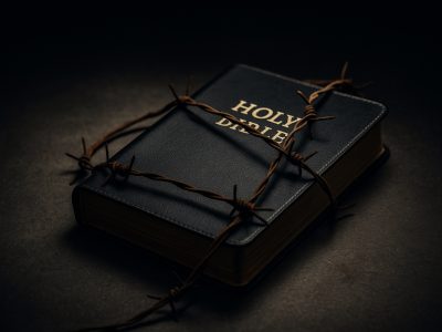Holy Bible wrapped in barbed wire symbolizing Bible Restrictions in hostile nations