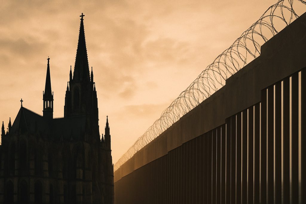 Catholic bishops immigration political message illustrated by a cathedral and border fencing
