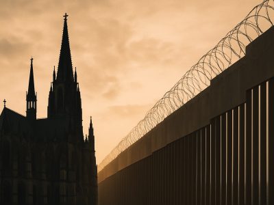 Catholic bishops immigration political message illustrated by a cathedral and border fencing