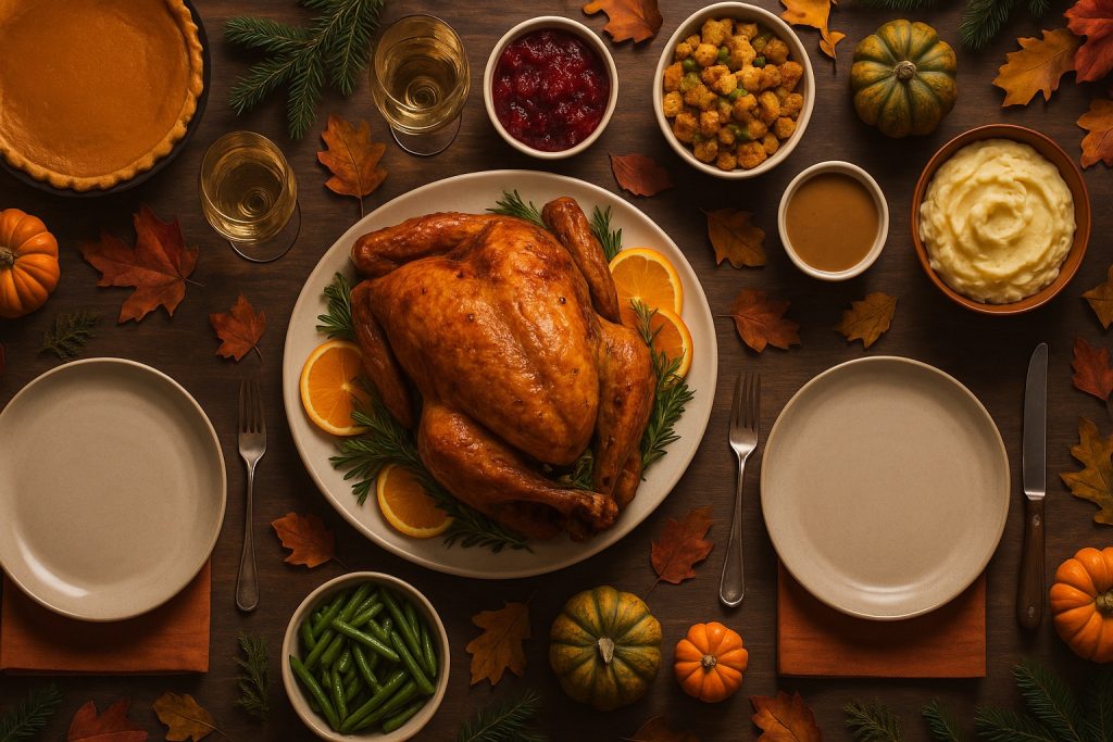 A warm Thanksgiving table scene representing christian thanksgiving and shared gratitude in community.