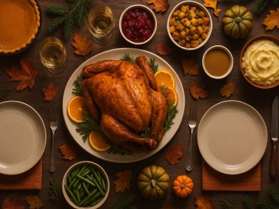 A warm Thanksgiving table scene representing christian thanksgiving and shared gratitude in community.