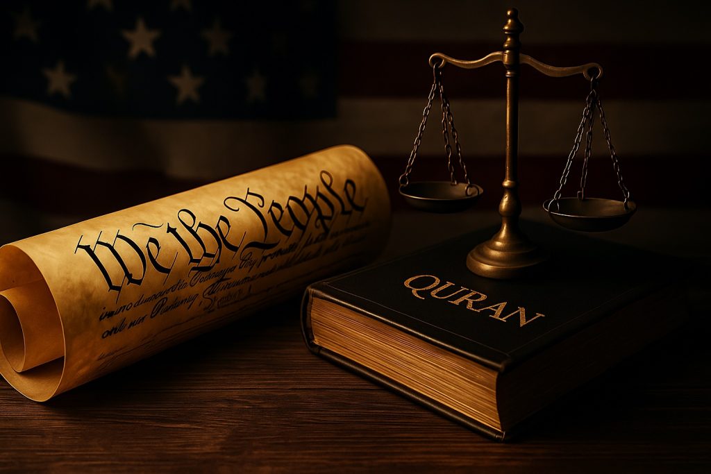 U.S. Constitution scroll and Quran book side by side with justice scales, representing contrast between constitutional freedom and Sharia-based law