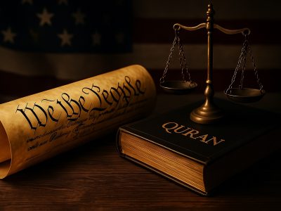 U.S. Constitution scroll and Quran book side by side with justice scales, representing contrast between constitutional freedom and Sharia-based law