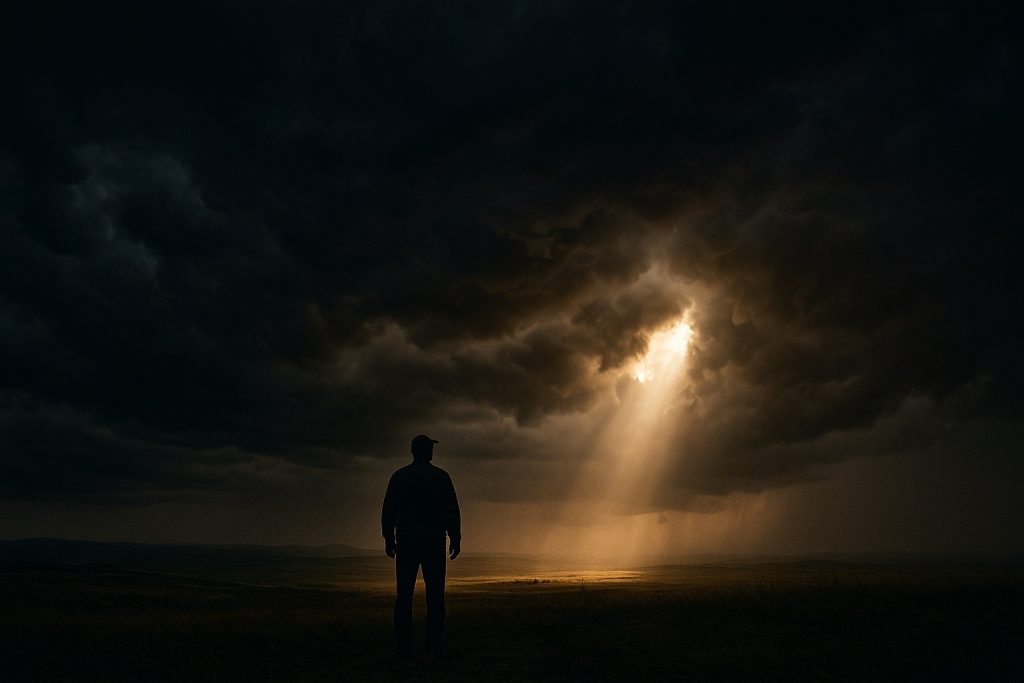 Frank Turek truth amid chaos, calm faith under storm clouds as sunlight breaks through