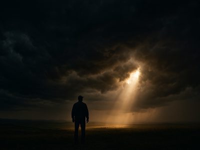 Frank Turek truth amid chaos, calm faith under storm clouds as sunlight breaks through