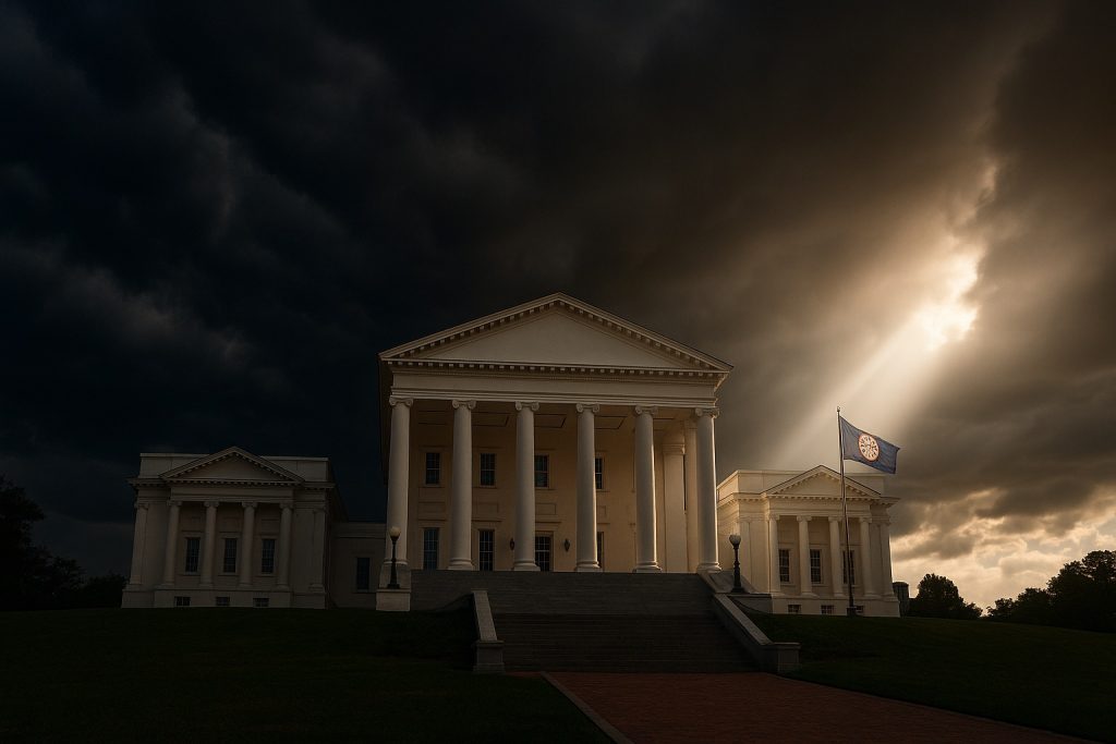 Virginia State Capitol under storm clouds with sunlight breaking through, symbolizing truth and redemption in the Jay Jones scandal