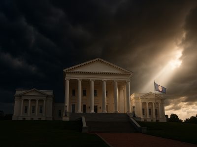 Virginia State Capitol under storm clouds with sunlight breaking through, symbolizing truth and redemption in the Jay Jones scandal