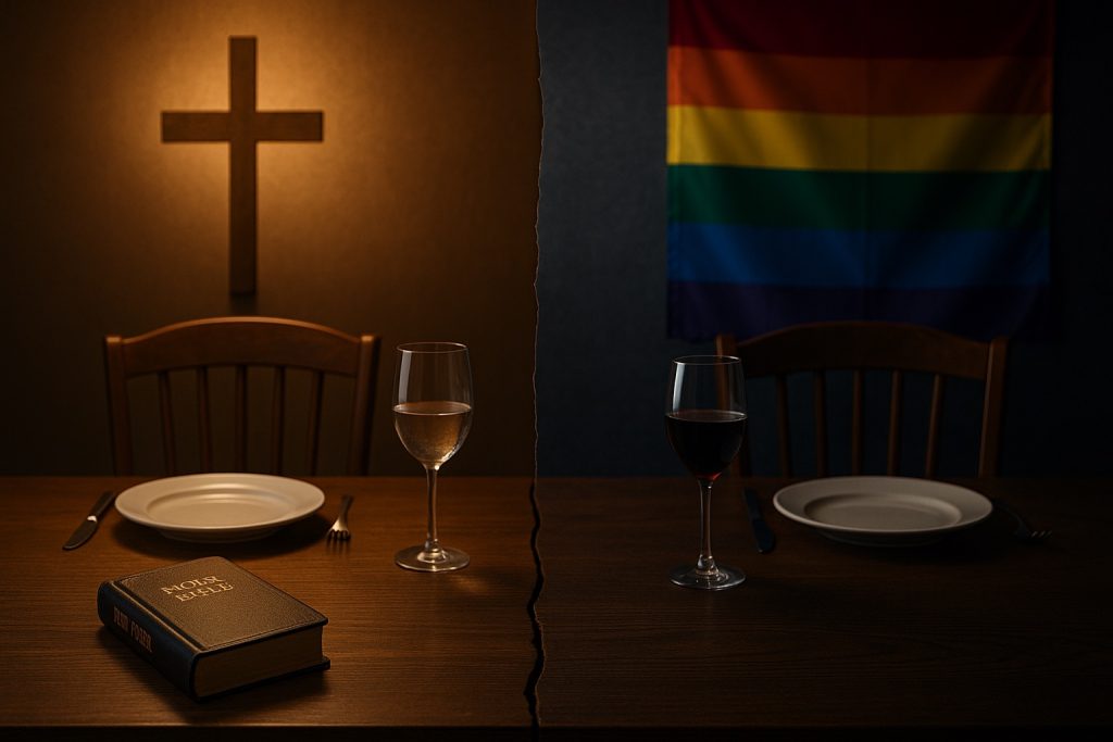 Molly McNearney politics dividing family over ideology and faith with Bible and cross on one side and gay pride flag on the other