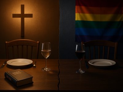 Molly McNearney politics dividing family over ideology and faith with Bible and cross on one side and gay pride flag on the other