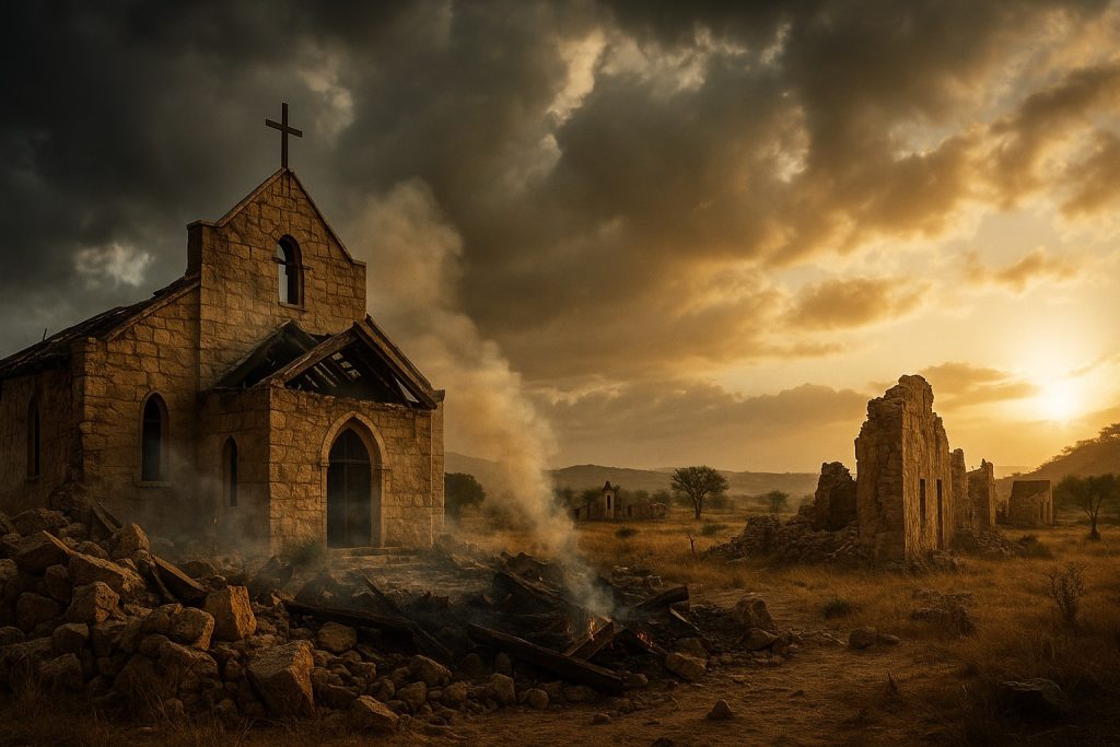 Nigeria Christian genocide: burned rural church at sunrise symbolizing faith under persecution
