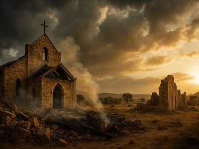 Nigeria Christian genocide: burned rural church at sunrise symbolizing faith under persecution